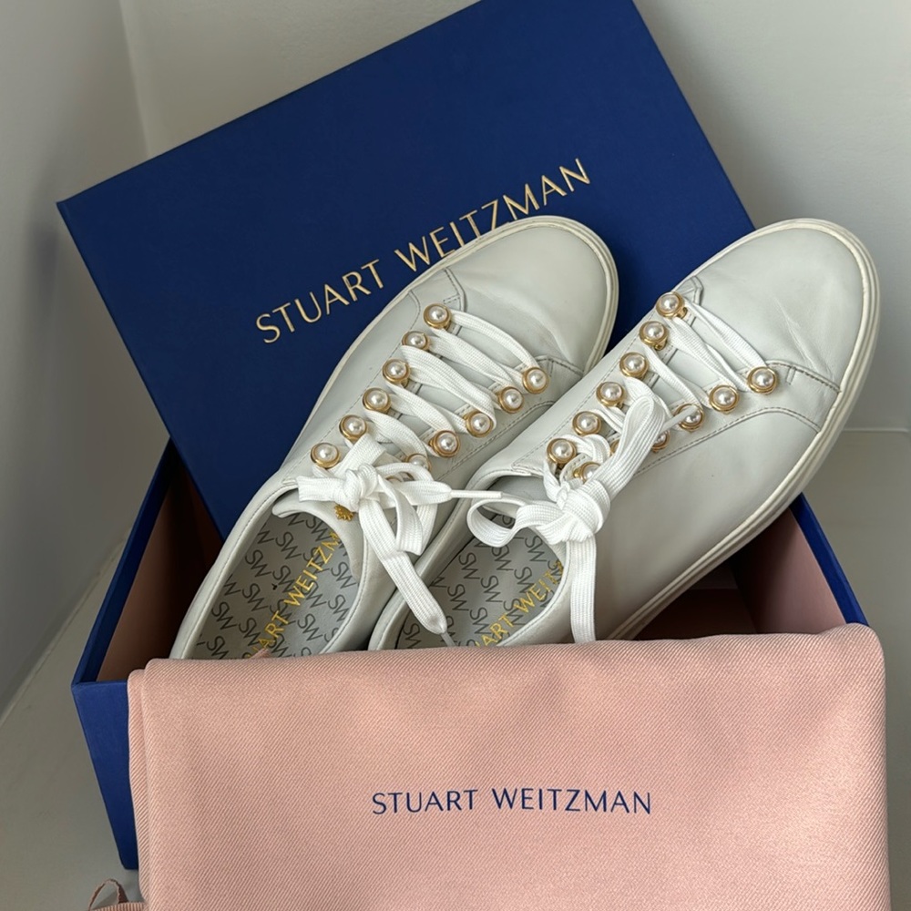 Stuart Weitzman Excelsa Faux Pearl-embellished Leather Sneakers